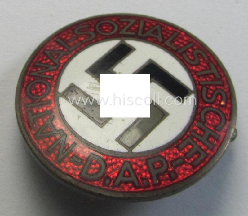 Neat - bright-red-coloured and nicely preserved! - 'N.S.D.A.P.'-membership-pin- ie. party-badge (or: 'Parteiabzeichen') which is maker-marked on its back with the makers'-designation: 'RzM' and/or: 'M1/78'