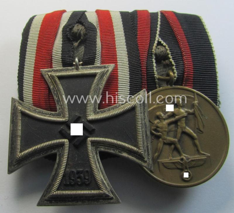 Attractive - and moderately used! - example of a 2-pieced WH (Heeres o. KM etc.) medal-bar (ie. 'Orden- o. Doppelspange') showing resp. an: 'EKII. Kl.' and a Czech 'Anschluss'-medal