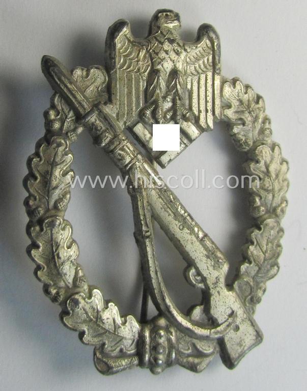 Attractive, 'Infanterie Sturmabzeichen in Silber' (or: silver-class infantry-assault-badge ie. IAB) being a non-maker-marked, so-called: 'solid-back-example as was (I deem) produced by the: 'R.A. Karneth u. Söhne'-company