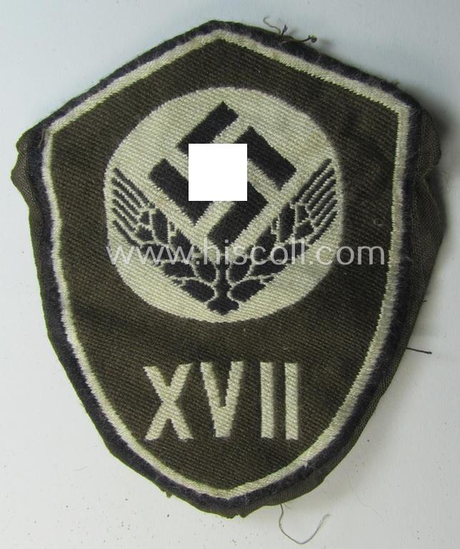 Female-related, enlisted- (ie. NCO-) pattern-, so-called: 'RADwJ'-sleeve-badge (ie. 'Abzeichen des Reichsarbeitsdienst der weiblichen Jugend') being a clearly worn example as executed in the neat 'BeVo'-weave-pattern