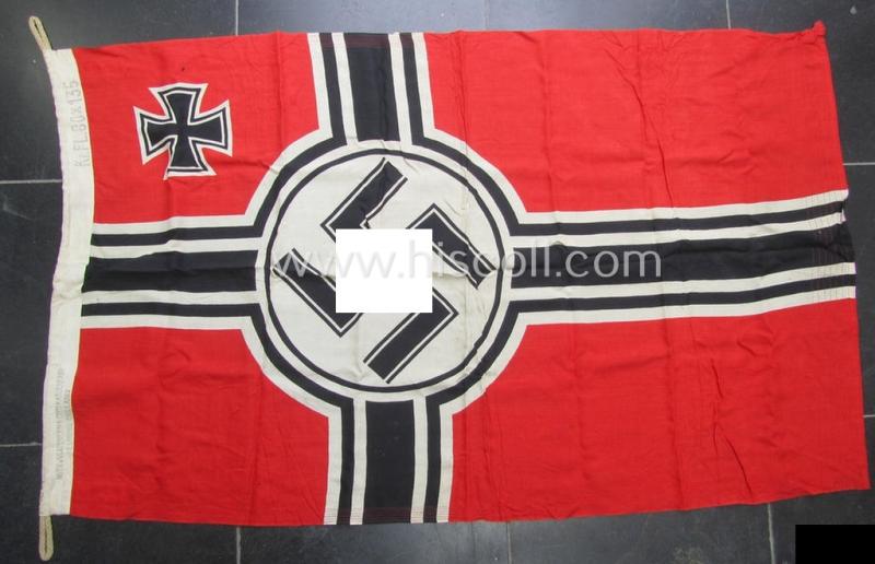 Superb, medium-sized WH (Kriegsmarine) so-called: 'Reichskriegsflagge' being a: 80 x 135 cms.- sized- and/or maker- (ie. 'N.V.P.F. v. Vlissingen en Co's Katoenfabr. - Helmond (Holland)') marked example that comes in a wonderful condition