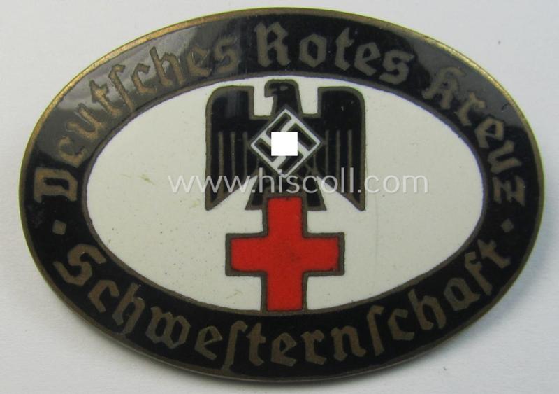 Superb - and rarely seen! - DRK (ie. 'Deutsches Rotes Kreuz') so-called: nurses'-badge entitled: 'Schwesternschaft' being an oval-shaped- and/or maker-marked specimen showing an engraved bearers'-number: ('34') and towns'-name: 'Karlsruhe'