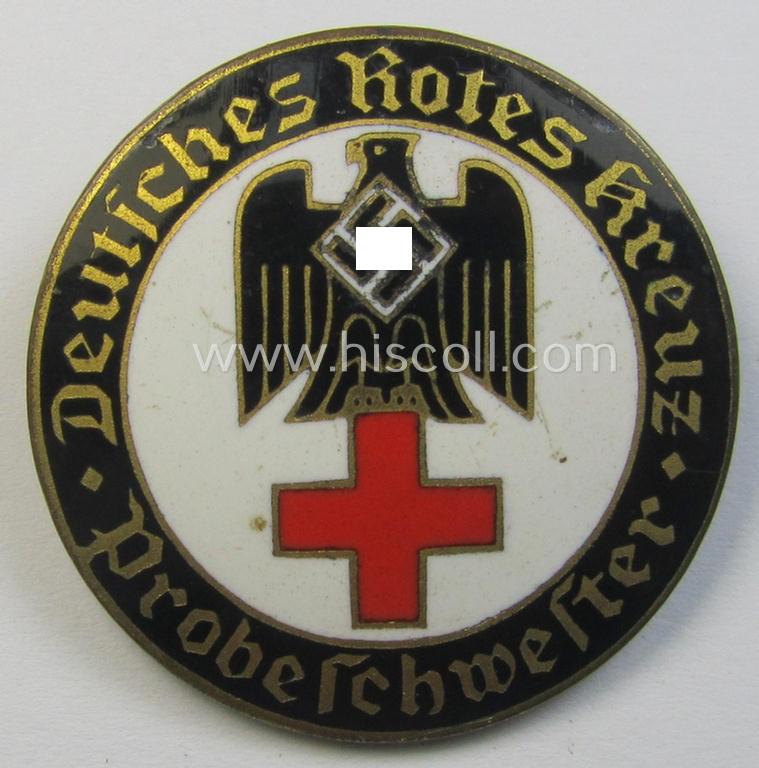 Superb, DRK (ie. 'Deutsches Rotes Kreuz') so-called: nurses'-badge entitled: 'Probeschwester' being a medium-sized version showing an engraved bearers'-number: ('92'), town: ('Karlsruhe') and/or makers'-mark ('A. Stübbe - Berlin')