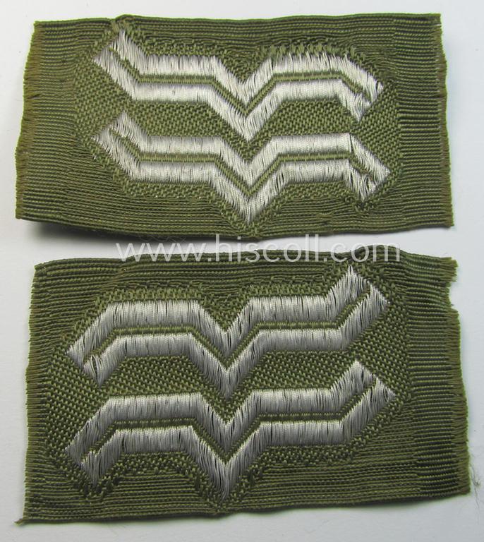 Attractive - fully matching and scarcely seen! - pair of an OT- (ie.: 'Organisation Todt'-) related greenish-brown-coloured, enlisted-mens'- (ie. NCO-) pattern collar-patches (ie. 'OT-Dienstgraden-Abzeichen') as intended for an: 'Oberfrontführer'