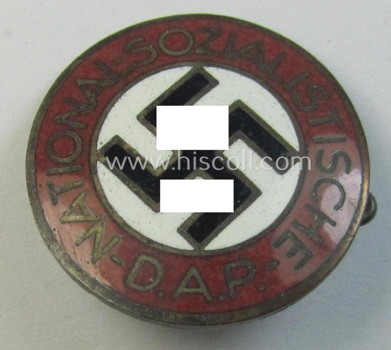 Attractive - darker-red-coloured (ie. 'opal'-styled) and nicely preserved! - 'N.S.D.A.P.'-membership-pin- ie. party-badge (or: 'Parteiabzeichen') which is maker-marked on its back with the makers'-designation: 'RzM' and/or: 'M1/109'