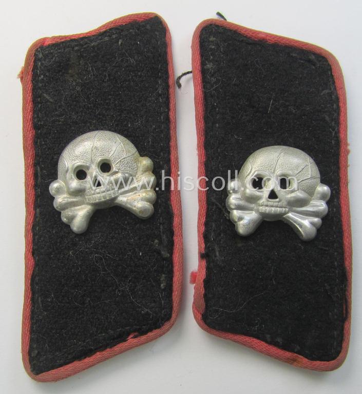 Superb - and fully matching! - pair of early- (ie. mid-war-) period, WH (Heeres) black woolen-based- and/or bright-pink-piped 'Panzer'-collar-tabs, each having an aluminium-based skull-device (ie. 'Totenkopf') period-attached