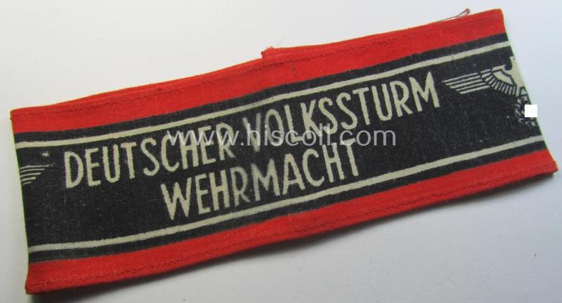 Superb, typically printed- and/or later-war-period, bright-red- and/or black-coloured so-called: 'Deutscher Volkssturm'-armband (ie. 'Armbinde') that comes in an overall very nice- (I deem truly used- and/or worn-), condition