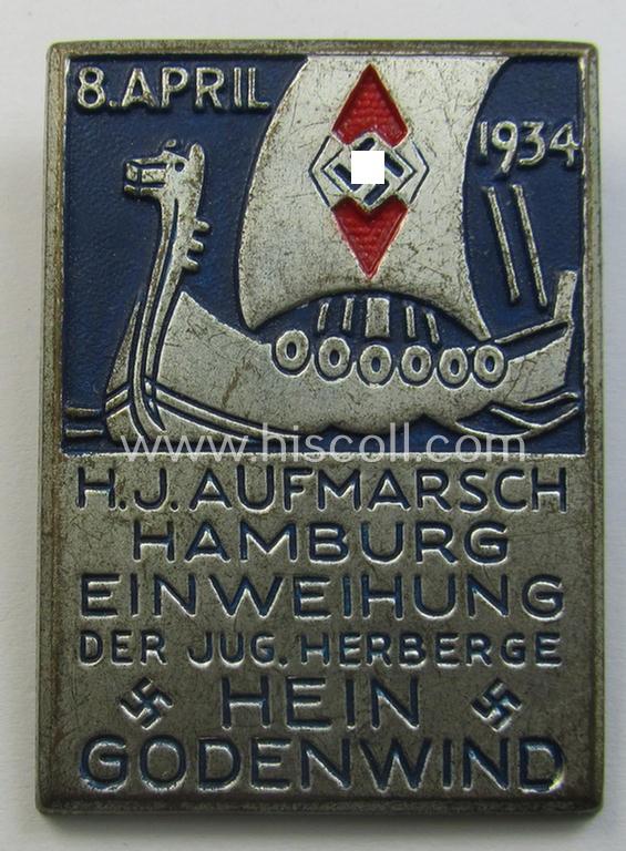 Neat - and actually scarcely encountered! - HJ (ie.'Hitlerjugend') related 'tinnie' (ie. 'Veranstaltungsabzeichen') showing the text: 'H.J. Aufmarsch - Hamburg - Einweihung der Jug. Herberge Hein Godenwind - 8. April 1934'