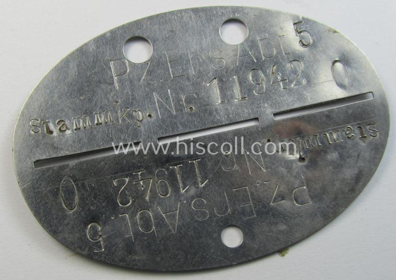Superb - and actually very scarcely seen! - (typical) stainless-steel-based, WH (Heeres) ie. 'Panzer'-related ID-disc bearing the clearly stamped unit-designation that simply reads: 'Pz.Ers.Abt. 5'