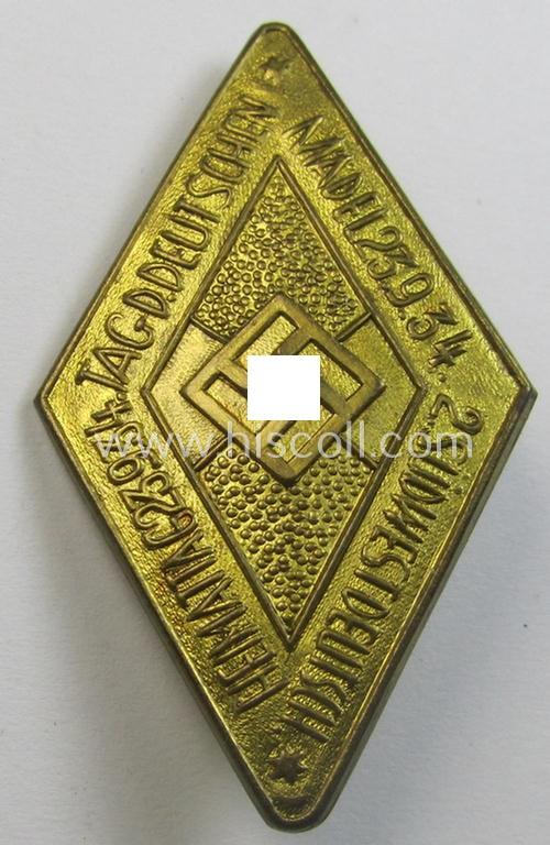 Attractive - and scarcely encountered! - 'BDM'-related day-badge (ie. 'tinnie' or: 'Veranstaltungsabzeichen') as was issued to commemorate a BDM-related gathering entitled: 'Heimattag 23.9.1934 - Tag der Deutschen Mädel 23.9.1934'