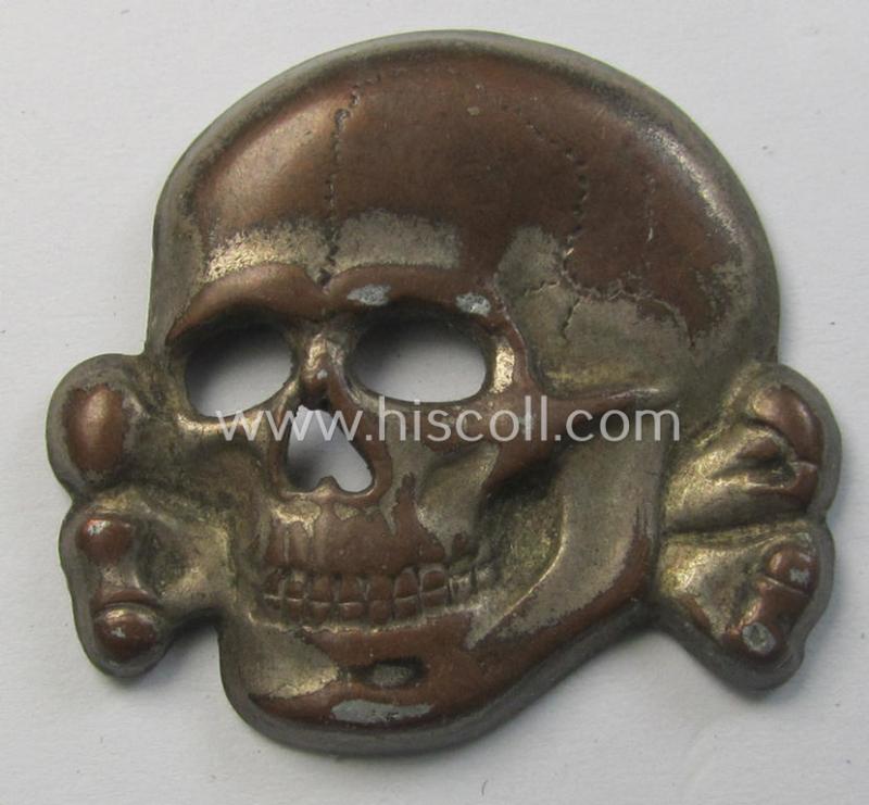 Superb - albeit regrettably incomplete but nevertheless rarely encountered! - 'Waffen-SS' visor-cap skull (ie. 'Totenkopf für Schirmmütze') being a detailed- and/or maker- (ie. 'M1/52'-) marked example as was executed in 'Cupal'-based metal