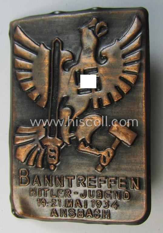 Attractive - and actually scarcely encountered! - darker-bronze-toned HJ ('Hitlerjugend') related 'tinnie' being a non-maker-marked example showing the text: 'Banntreffen Hitler-Jugend - 29.-21. Mai 1934 - Ansbach'
