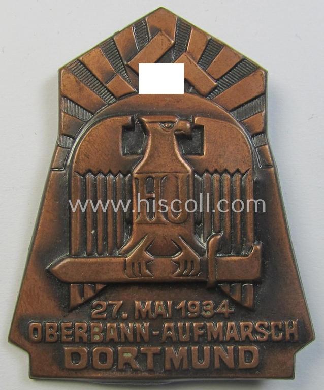 Attractive - and scarcely encountered! - darker reddish-bronze-toned HJ ('Hitlerjugend') related 'tinnie' being a clearly maker- (ie. 'S&L'-) marked example showing the text: '27. Mai 1934 - Oberbann-Aufmarsch - Dortmund'