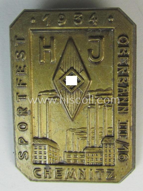 Attractive - and scarcely found! - HJ- (ie. 'Hitlerjugend'-) related day-badge (ie. 'tinnie' or: 'Veranstaltungsabzeichen') as was issued to commemorate a HJ-related sports-event named: 'H.J. Sportfest - Oberbann III/16 - Chemnitz - 1934'