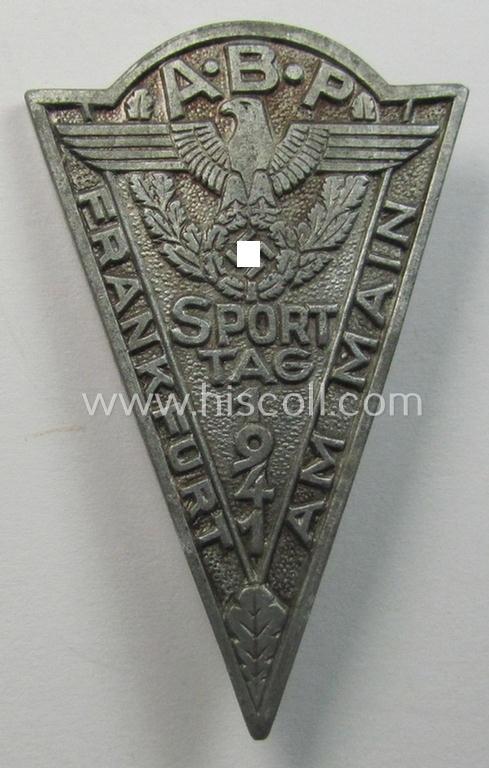 Very unusual, silverish-toned and zinc-based: 'Polizei'- (ie. police-) related day-badge (ie. 'tinnie' or: 'Veranstaltungsabzeichen') as was issued to commemorate the: 'A.B.P. Sporttag 1941 - Frankfurt am Main'