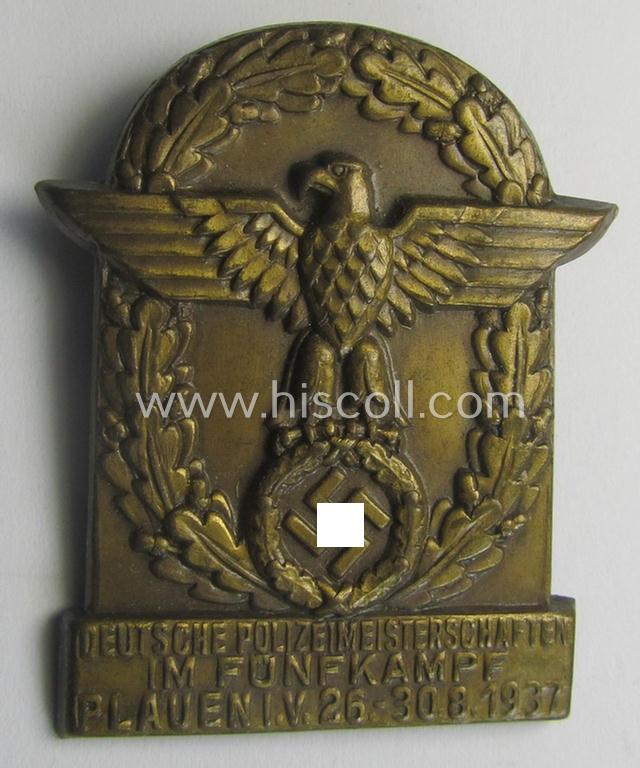 Very unusual, golden-bronze-toned: 'Polizei'- (ie. police-) related day-badge (ie. 'tinnie' or: 'Veranstaltungsabzeichen') as was issued to commemorate the: 'Deutsche Polizeimeisterschaften im Fünfkampf - Plauen i.V. - 26.-30.1937'