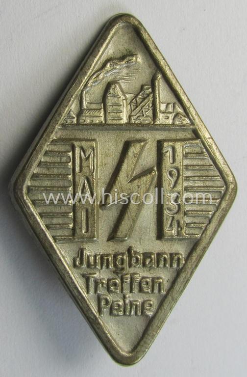 Attractive - and unusually found! - silver-toned, HJ- (ie. specific DJ-) related 'tinnie' (ie. 'Tagungs- o. Veranstaltungsabzeichen') showing a DJ-rune-sign and text that reads: 'Jungbann-Treffen - Peine - Mai 1934'