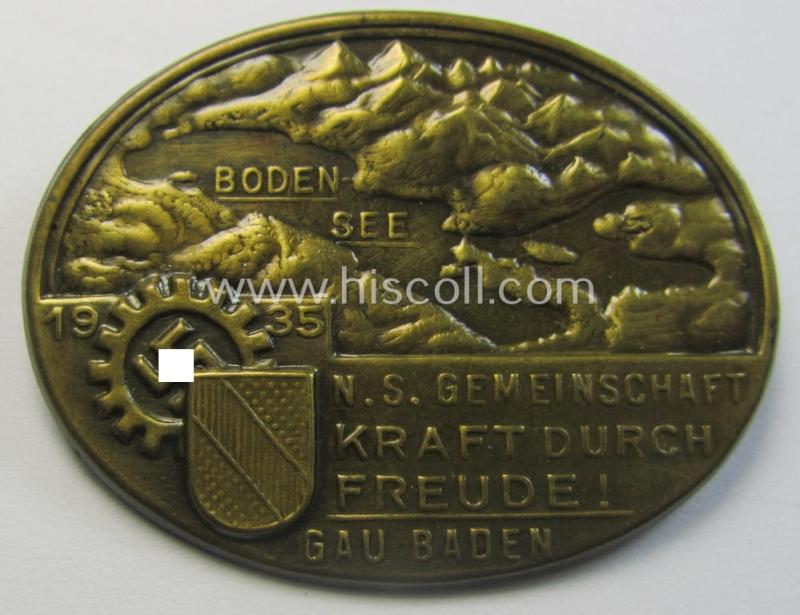 Attractive, commemorative TR-period day-badge (ie. 'tinnie') as issued to commemorate a DAF- (ie. KDF-) related gathering depicting an illustration of the 'Bodensee' and text: 'N.S. Gemeinschaft - Kraft durch Freude - Gau Baden - 1935'