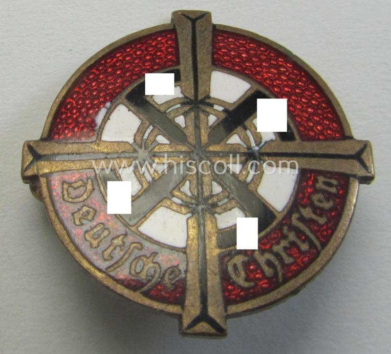 Neatly enamelled 'RDC'- (ie. 'Reichsbewegung Deutsche Christen'-) 'Mitgliedsabzeichen' (or: membership lapel-pin of the first pattern) that is maker- (ie. 'Willi Merten'-) marked and bearing a patent-pending- (ie. 'Ges.Gesch.'-) designation