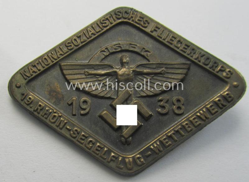 Bronze-toned, N.S.F.K.-related day-badge (ie. 'tinnie') being a neatly maker- (ie. 'RzM M9/4'-) marked example as was issued to commemorate a specific meeting ie. national rally entitled: '19. Rhön-Segelflug Wettbewerb 1938'