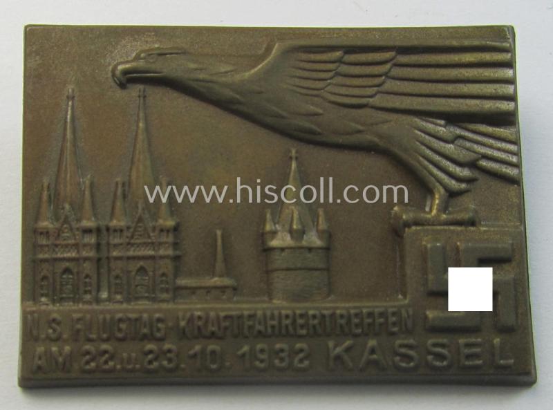 Commemorative, hollow-back- and/or golden-bronze-toned, so-called: 'Flieger'-related day-badge (ie. 'tinnie') being a non-maker-marked example showing the text: 'N.S. Flugtag-Kraftfahrertreffen am 22.u.23.10.1932 - Kassel'