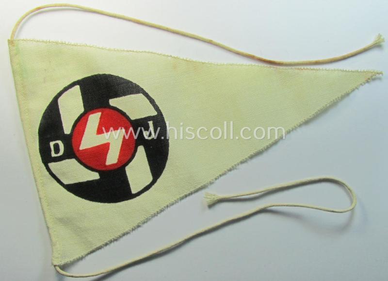 Attractive - and never before seen! - white- and red-coloured, HJ- ('Hitlerjugend') ie. specific DJ- ('Deutsches Jungvolk') related vehicle- ie. bicycle-flag (ie. 'Fahrrad-Fahne') depicting a single-sided, printed 'DJ'-membership-badge