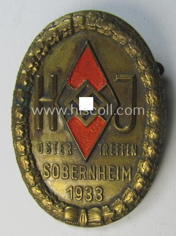 Superb - early period- and rarely encountered! - HJ- (ie.'Hitlerjugend'-) related 'tinnie' being a golden-bronze-toned- (and nicely coloured!) example showing a 'HJ-Raute' and text: 'Ostertreffen - Sobernheim - 1933'