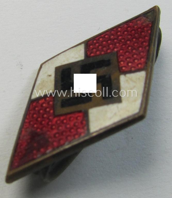 Neat - albeit moderately worn! - HJ (ie. 'Hitlerjugend') enamelled lapel-pin (ie.: 'Raute') being a bright-red-coloured- and/or detailed - and non-cleaned and untouched! - example showing an: 'RzM - M1/34'-makers'-designation