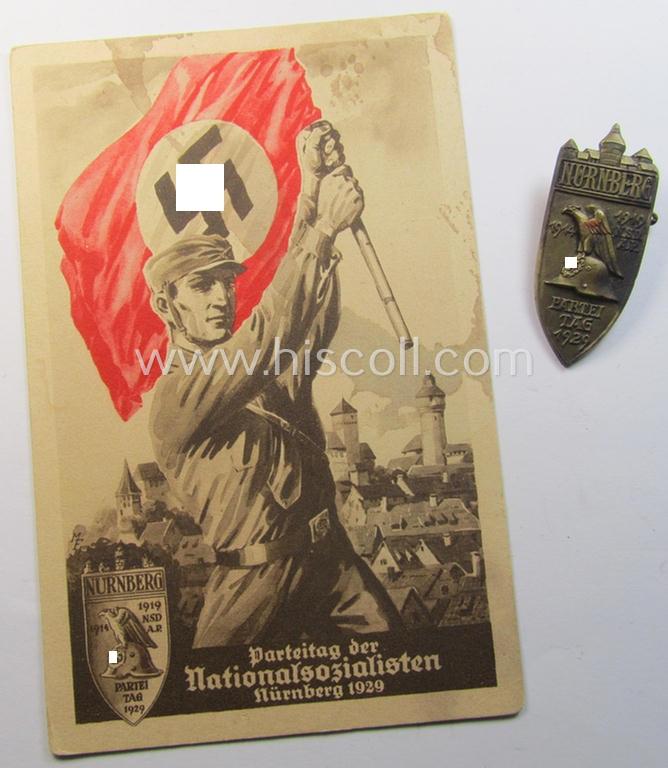 Superb - and rarely found! - commemorative 'N.S.D.A.P.'-related day-badge (ie. 'tinnie') 'Parteitag 1929' being a maker- (ie. 'Hoffstätter - Bonn'-) marked example that came together with its accompanying post-card as found