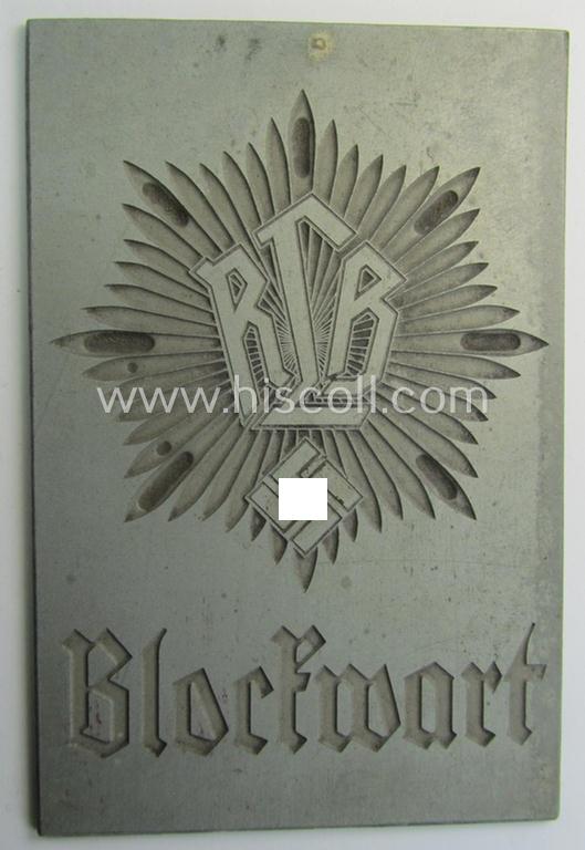 Never before seen, greyish-silver-toned- (ie. typical 'zinc'-based) so-called: 'Reichsluftschutzbund' (ie. 'RLB'-) (door?) plaque (ie. 'Plakette') showing a detailed RLB-logo coupled with the text: 'Blockwart'