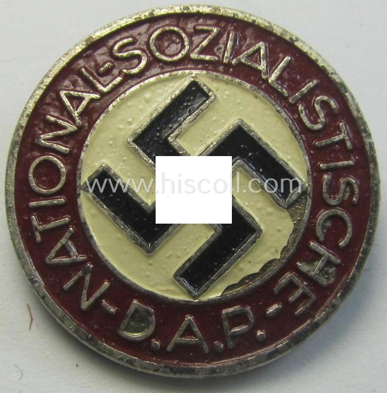 Non-enamelled (ie. painted/sprayed) red-coloured- and/or 'variant'-pattern 'N.S.D.A.P.' membership-pin- ie. party-badge (or: 'Parteiabzeichen') which is nicely maker-marked on the back with the makers'-designation: 'RzM' and/or: 'M1/34'