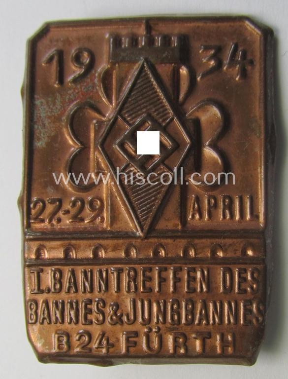 Attractive - and actually scarcely encountered! - reddish-bronze-toned HJ ('Hitlerjugend') related 'tinnie' being a non-maker-marked example showing the text: 'I. Banntreffen des Bannes  & Jungbannes B24 - Fürth - 27.-29. April 1934'