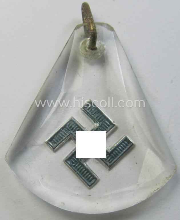 Attractive - and unusually seen! - glass-based so-called: patriotic swastika-hanger (ie. 'N.S.D.A.P.-supportive piece) being an example that shows a blue-toned (inlayed) swastika-device