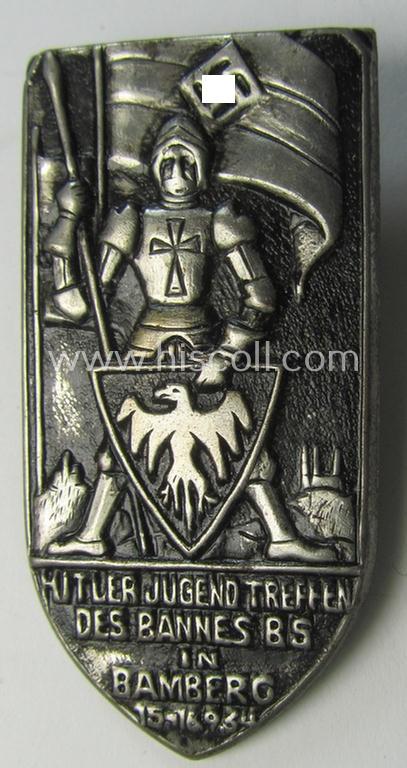 Attractive - and scarcely encountered! - HJ- (Hitlerjugend-) related day-badge (ie. 'tinnie' or: 'Veranstaltungsabzeichen') as was issued to commemorate a HJ-related gathering named: 'Hitler-Jugend Treffen des Bannes 85 in Bamberg - 15.-16. 9.1934'