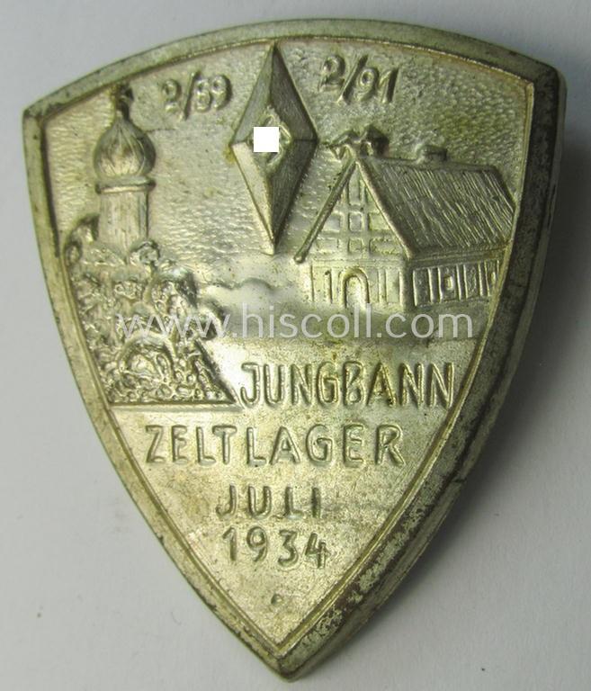 Superb - and scarcely encountered! - DJ (ie. 'Deutsches Jungvolk') related 'tinnie' being a non-maker-marked example as executed in bright-silver-toned 'pot-metal' and showing the text: '2/39 - 2/91 - Jungbann Zeltlager -  Juli 1934'