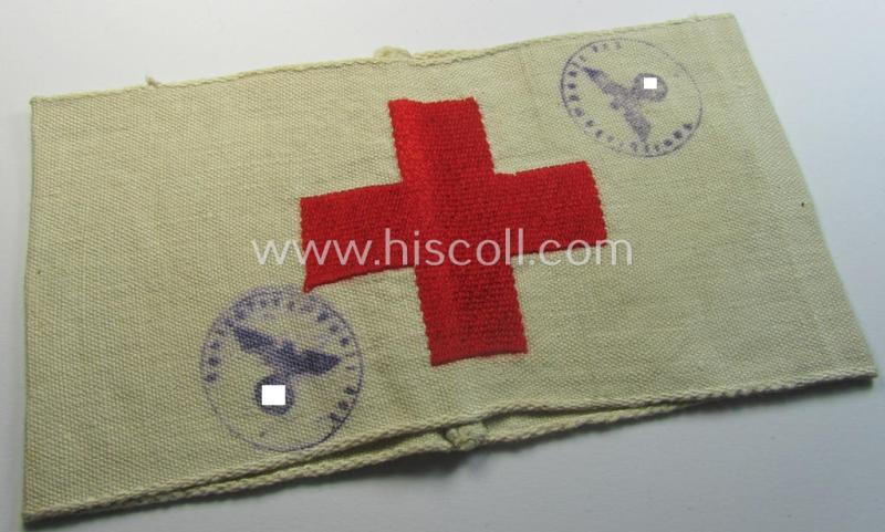 Neat, beige/white-coloured- and/or linnen-based red-cross armband (ie. 'DRK-Armbinde') as was executed in the thicker-styled fabric as was intended for WH (Heeres) staff-members working as: 'Sanitäts-Personal'