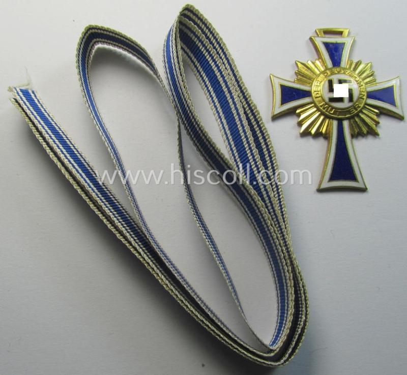 Attractive, 'Ehrenkreuz der deutschen Mutter - erste Stufe' (or: golden-class mothers'-cross) being a hardly (ie. never!) used example that comes together with its accompanying, long-sized (& minty) ribbon as issued and/or recently found