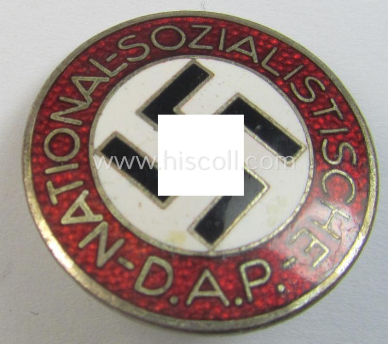 Superb - bright-red-coloured and very nicely preserved! - 'N.S.D.A.P.'-membership-pin- ie. party-badge (or: 'Parteiabzeichen') which is maker-marked on its back with the makers'-designation: 'RzM' and/or: 'M1/14'