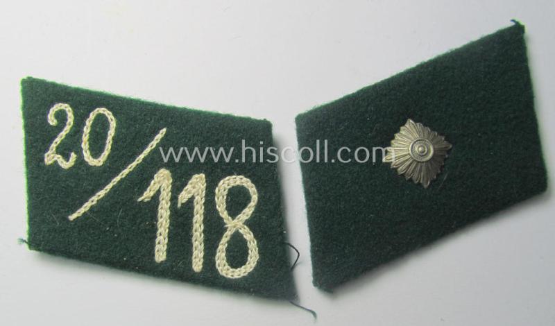 Attractive, SA (ie. 'Sturmabteilungen') collar-patch-pair (ie. 'Kragenspiegelsatz') as executed in darker-green-coloured wool as was intended for an: 'SA-Scharführer' serving within the 'SA-Standarte 118' ('SA-Gruppe Kurpfalz o. Nordsee')