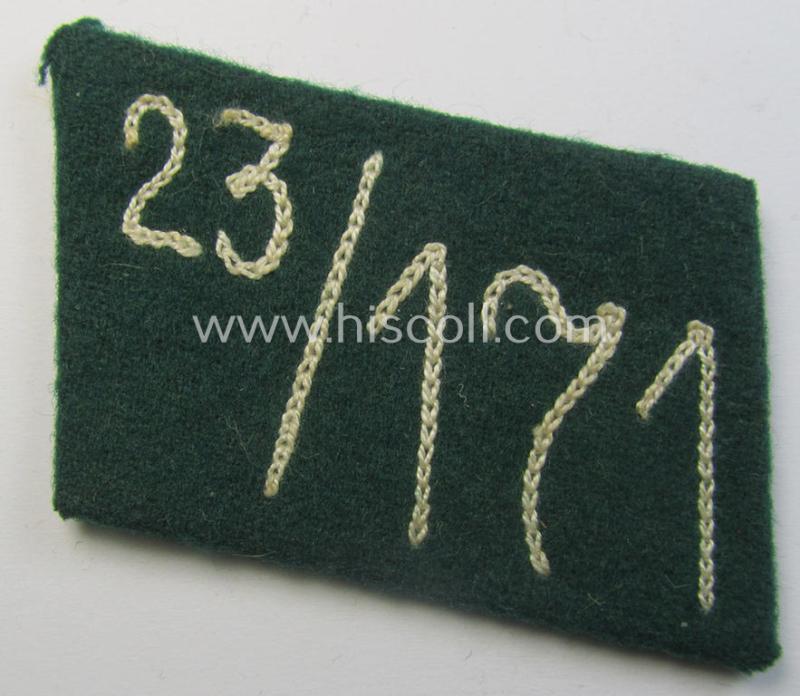 Attractive - albeit single! - SA (ie. 'Sturmabteilungen') collar-patch (ie. 'Kragenspiegel') as executed in darker-green-coloured wool as intended for an: 'SA-Mitglied' serving within the 'SA-Standarte 171' ('SA-Gruppe Kurpfalz o. Nordsee')