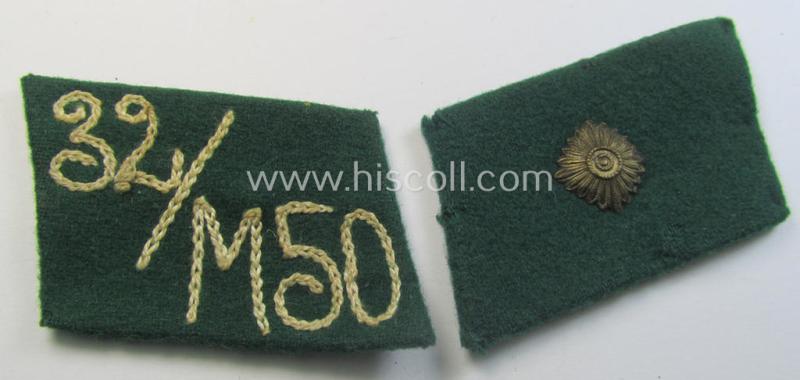 Attractive, SA (ie. 'Sturmabteilungen') collar-patch-pair (ie. 'Kragenspiegelsatz') as executed in darker-green-coloured wool as was intended for an: 'SA-Scharführer' serving within the 'SA-Standarte M50' ('SA-Gruppe Kurpfalz o. Nordsee')