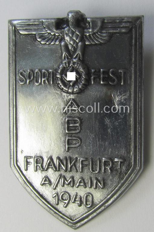 Unusual, silverish-toned and typical 'Eisenblech'-based (I deem) 'Polizei'- (ie. police-) related day-badge (ie. 'tinnie' or: 'Veranstaltungsabzeichen') as was issued to commemorate the: 'Sporttag ABP - Frankfurt a. Main - 1940'