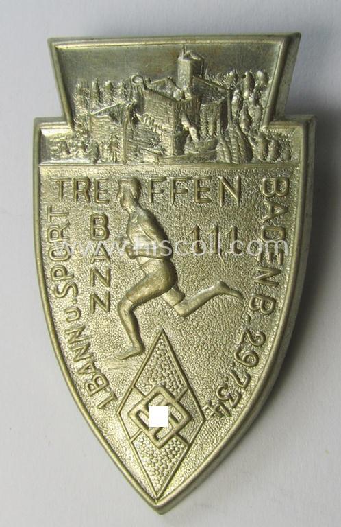 Superb - and scarcely encountered! - HJ (ie. 'Hitlerjugend') related 'tinnie' being a non-maker-marked example as executed in silver-toned 'pot-metal' and showing the text: '1. Bann- u. Sport Treffen - Baden-B. - 29.7.34'