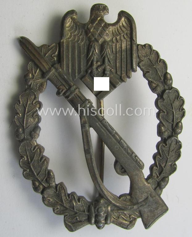 Attractive, 'Infanterie Sturmabzeichen in Silber' (or: silver-class infantry-assault-badge ie. IAB) being a non-maker-marked, so-called: 'solid-back'-example as was (I deem) produced by the: 'Paul Meybauer'-company