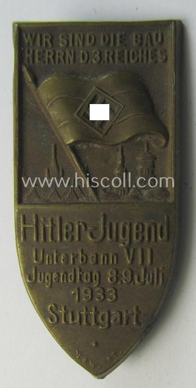 Attractive, commemorative, 'HJ'- (ie. 'Hitlerjugend'-) sports-related 'tinnie' being a non-maker-marked example depicting a flag with 'HJ-Raute' with below the text: 'Hitler-Jugend - Unterbann V.II - Jugendtag Stuttgart - 8.-9. Juni 1933'