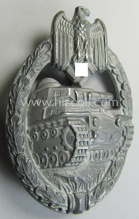 Superb, 'hollow-back' 'Panzerkampfabzeichen in Silber' (or: silver-class panzer-assault badge or PAB) being a clearly maker- (ie. 'A'-) marked- and/or typical zinc- (ie. 'Feinzink'-) based specimen as was procuced by the: 'Assmann'-company