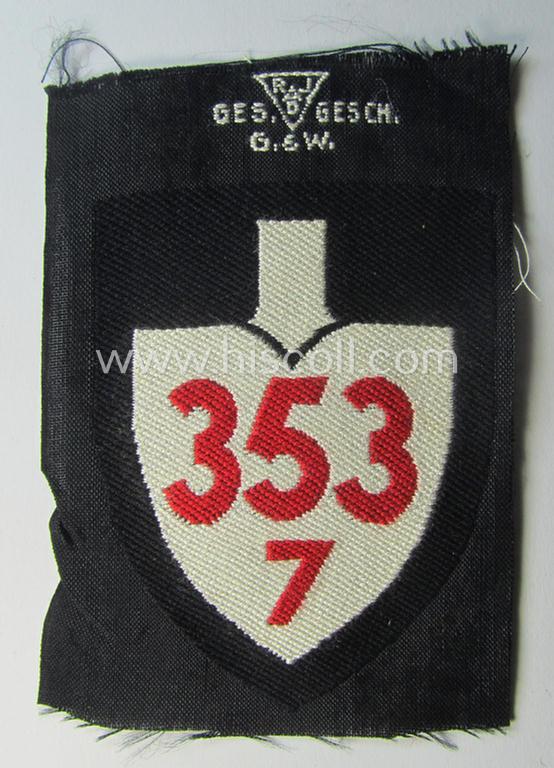 Attractive, 'BeVo'-woven, enlisted-mens'- (ie. NCOs'-) pattern so-called: RAD (ie. 'Reichsarbeitsdienst') sleeve-badge (or: 'Dienststellenabzeichen') bearing the specialist- ie. unit-designation that reads: '356/7'