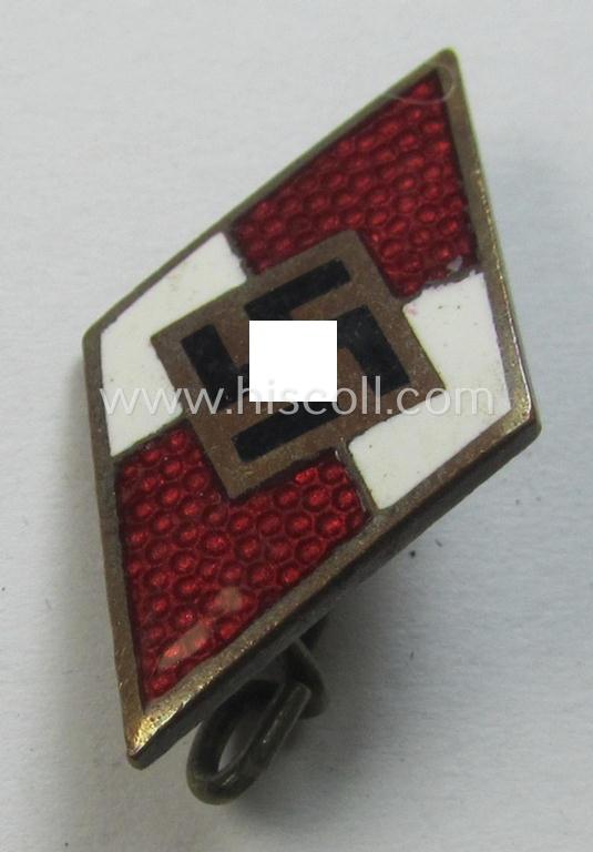 Neat - albeit moderately worn! - HJ (ie. 'Hitlerjugend') enamelled lapel-pin (ie.: 'Raute') being a bright-red-coloured- and/or detailed - and non-cleaned and untouched! - example showing an: 'RzM - M1/66'-makers'-designation