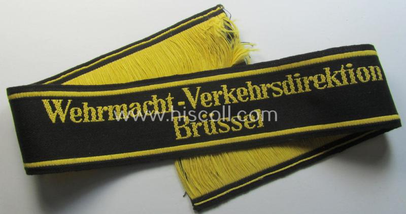 Attractive, 'DRB' (ie. 'Deutsche Reichsbahn') cuff-title (ie. 'Armbinde') as executed in 'BeVo'-weave-pattern entitled: 'Wehrmacht-Verkehrsdirektion Brüssel' (being a presuambly never worn example that comes in a 'virtually mint' condition)