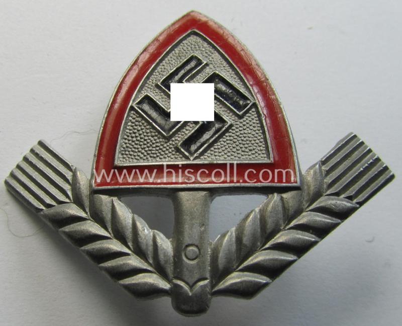 Attractive, aluminium-based EM- (ie. NCO-) pattern, RAD (ie. 'Reichsarbeitsdienst') cap-badge being a maker- (ie. 'OLC'-) marked- and/or very detailed example that was specifically intended for usage on the RAD-caps (aka: 'Kaffeebohnen')